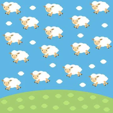 Cute flying white sheep in shape clouds on sky background. Illustrazione stock