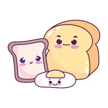 Cute food breakfast bread and fried egg white bread sweet dessert pastry cartoon Stock Illustration