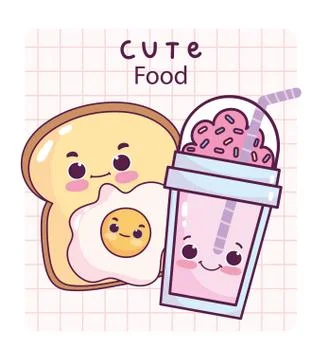 Cute food breakfast slice bread fried egg sweet dessert pastry cartoon 스톡 일러스트