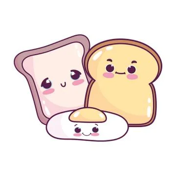 Cute food breakfast slice bread and fried egg sweet dessert pastry cartoon Illustrazione stock