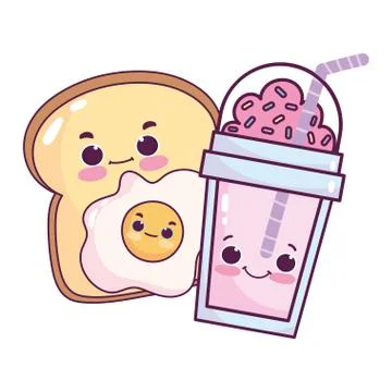 Cute food breakfast slice bread fried egg sweet dessert pastry cartoon isolated Stock Illustration