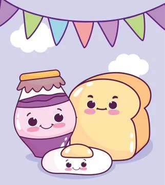 Cute food fried egg bread and jar with jam sweet dessert pastry cartoon Stock Illustration