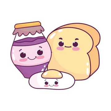 Cute food fried egg bread and jar with jam sweet dessert pastry cartoon isolated Stock Illustration