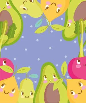 Cute food pattern design, avocado pear cherry orange fresh fruits cartoon 스톡 일러스트