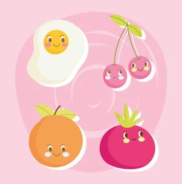 Cute food pattern design, fried egg cherry tomato and orange cartoon Stock Illustration