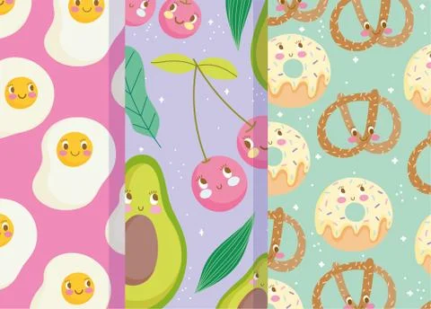 Cute food pattern design, fruit bakery sweet and fried eggs banners Illustrazione stock