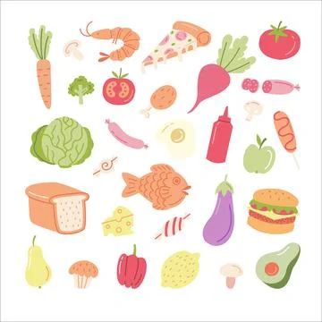 Cute food vector elements set with burger pizza vegetables fruit and fish Stockillustratie