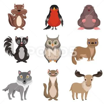 Cute forest animals and birds set, chipmunk, bullfinch, mole, cheerful, owl Stock Illustration