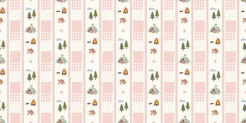 Cute forest animals and trees pattern with pink stripes and grids background Stock Illustration