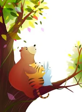 Cute Forest Animals Bear Bunny and Tiger on Tree Stock Illustration
