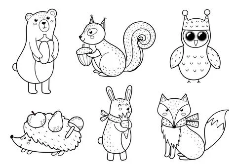 Cute forest animals collection. Fall woodland black and white characters for Stock Illustration