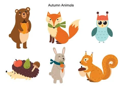 Cute forest animals collection. Fall woodland characters for kids design Stock Illustration