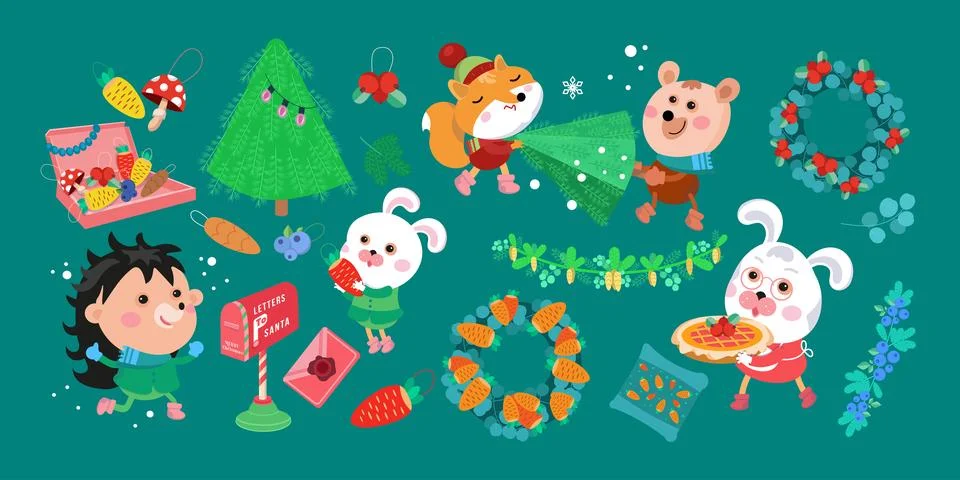 Cute forest animals, fox, bear, hedgehog, hare and Christmas toys in cartoon sty Illustrazione stock