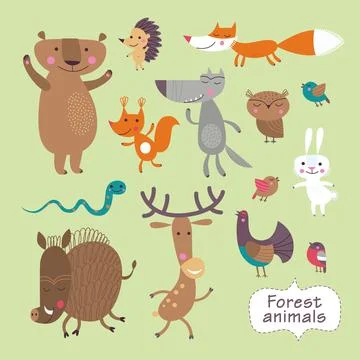 Cute forest animals on a green background. Childish vector illustration of fox,  Stock Illustration