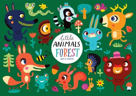 Cute forest animals on a green background. Childish vector illustration of rabbi Illustrazione stock