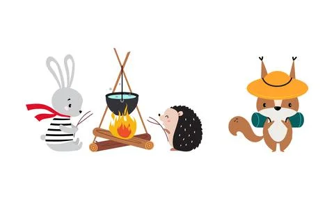 Cute forest animals hiking and camping on nature set. Lovely bunny and hedgehog Illustrazione stock