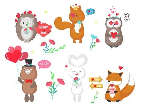 Cute forest animals in love, vector illustration. Funny bear, hedgehog, squirrel Stock Illustration