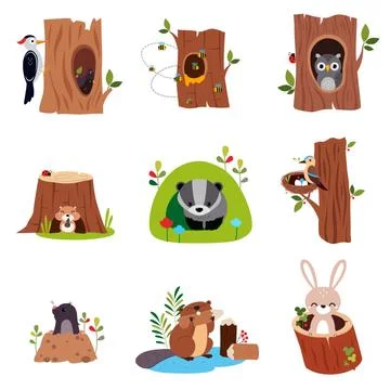 Cute Forest Animals Sitting in Burrows and Tree Hollows Vector Set Illustrazione stock