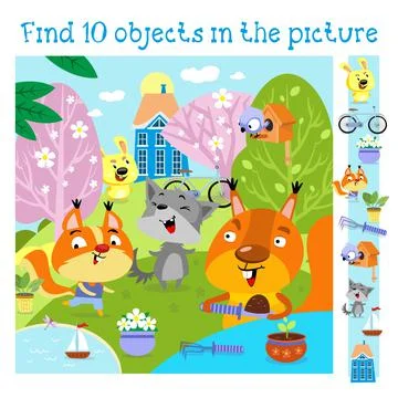 Cute forest animals in spring. Background with flowering trees. Find 10 items Stock Illustration