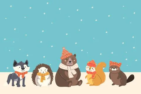 Cute forest animals in winter attire under snowy sky for christmas card desig Stock Illustration