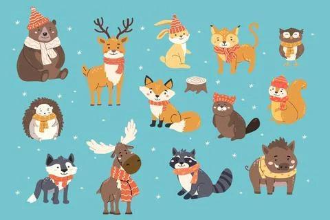 Cute forest animals in winter attire on blue background Stock Illustration