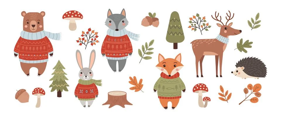 Cute forest animals in winter sweaters set for nursery design Stock Illustration