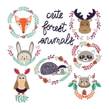 Cute forest elements animals and plants Illustrazione stock