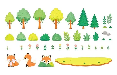 Cute Forest Elements Set with Fox, Trees, Bushes and Flowers Clipart Stock Illustration