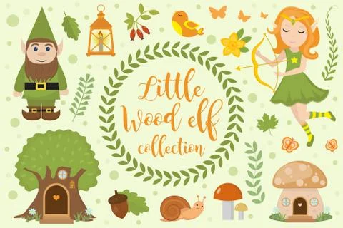 Cute forest elf character set of objects. Collection of design element with 스톡 일러스트