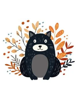 Cute forest wolf with Christmas tree behind, wild berries and leaves. Woodland Stock Illustration