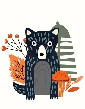 Cute forest wolf with Christmas tree behind, wild berries and leaves. Woodland Stock-Illustration