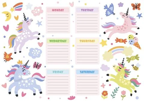 Cute four unicorns printable weekly planner vector Stock Illustration