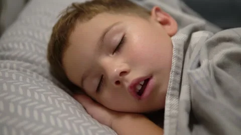 Cute Four Year Old Boy Sleeping Sweetly in Bed Covered Stock Footage 343894623