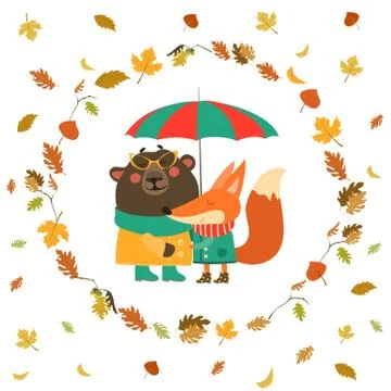 Cute fox and bear hugging under umbrella in wreath of autumn leaves Stock Illustration