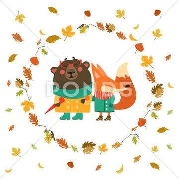 Cute fox and bear walking in wreath of autumn leaves Stock Illustration