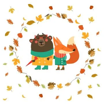 Cute fox and bear walking in wreath of autumn leaves Stock Illustration