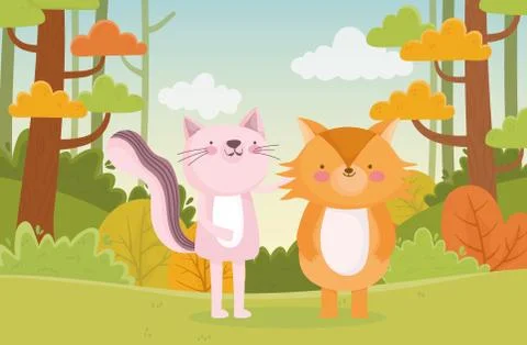 Cute fox and cat in the forest nature landscape 스톡 일러스트