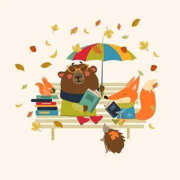 Cute fox and funny bear reading books on bench Illustrazione stock