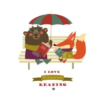 Cute fox and funny bear reading books on bench Stock Illustration