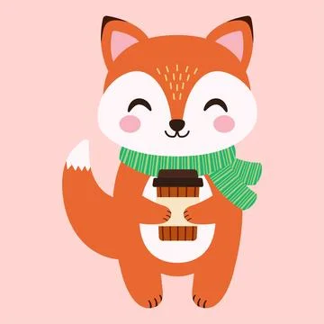 Cute fox and a glass of coffee. Vector flat illustration Stock Illustration