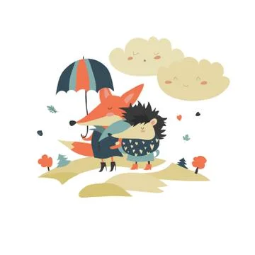 Cute fox and hedgehog walking under umbrella Stock Illustration