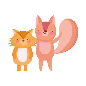 Cute fox and squirrel animals cartoon character Stock Illustration