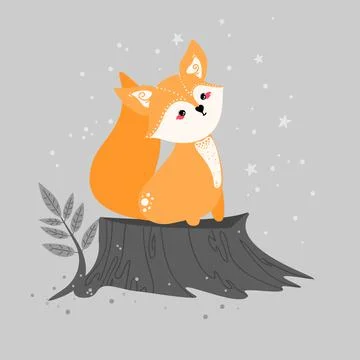 Cute fox on the background of plants. Forest animal. Fox in flat style. Stock Illustration
