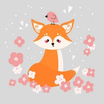 Cute fox on the background of plants. Forest animal. Fox in flat style. Stock Illustration