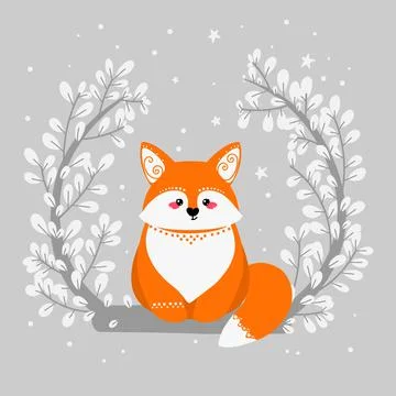 Cute fox on the background of plants. Forest animal. Fox in flat style. Stock Illustration