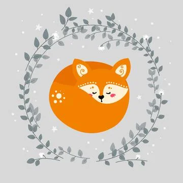 Cute fox on the background of plants. The forest animal is sleeping. Fox in f Stock Illustration