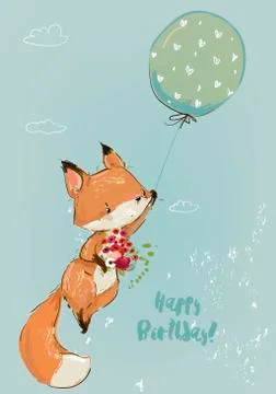 Cute fox with balloon. Vector collection Stock Illustration