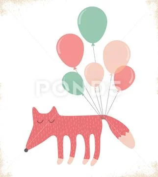 Cute fox with balloons Stock Illustration