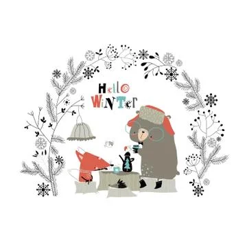 Cute fox with bear drinking tea in the winter forest Stock Illustration