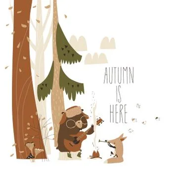 Cute fox with bear sitting by bonfire in autumn forest Stock Illustration